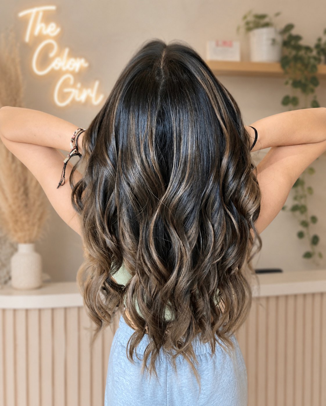 Dimensional brunette balayage styled in soft waves at Cait the Color Girl's studio in Chatham Township, NJ