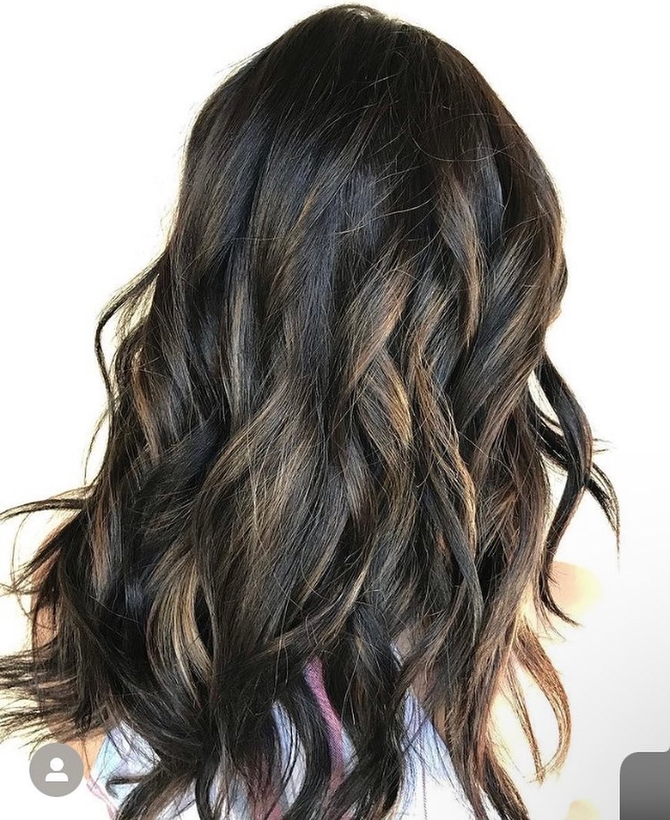Rich dark brunette hair with dimensional lowlights and soft curls